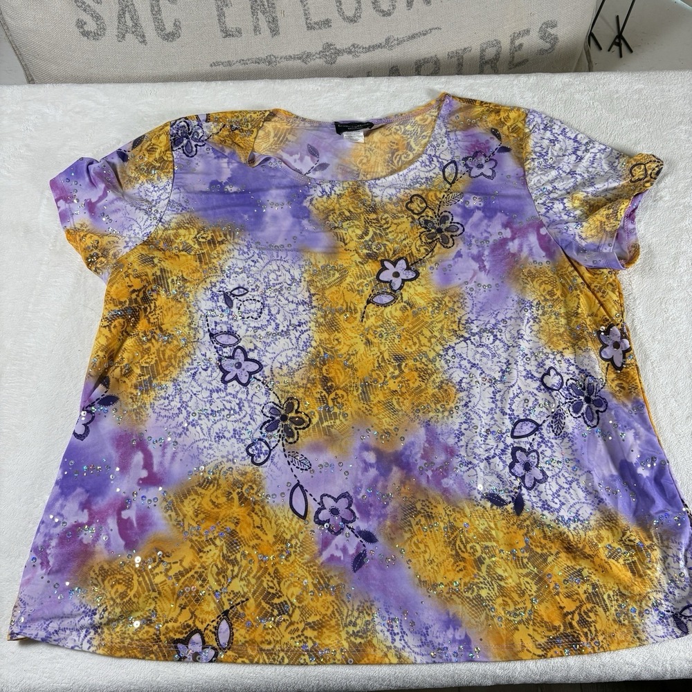 Vintage 90s Brittany Black 3X Colorful Sequin Slinky Top Purple Yellow‎ USA